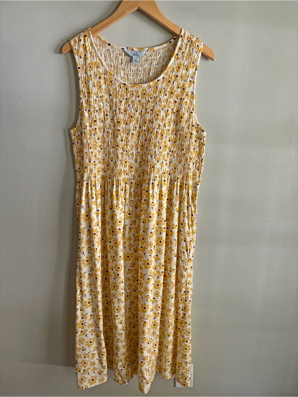 Croft & Barrow XL Floral Smocked Midi Dress Yellow Sleeveless Pockets
